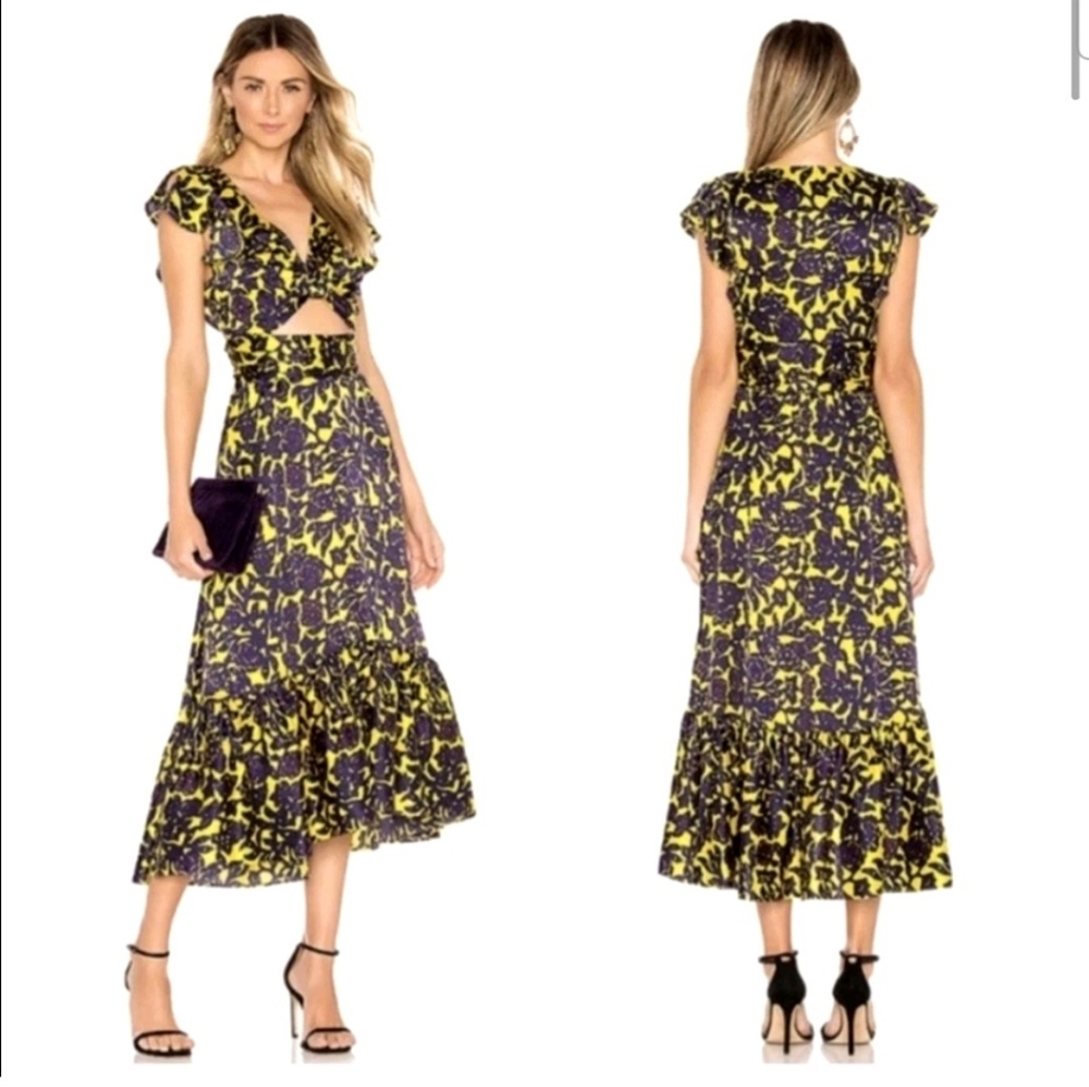 A.L.C. Yellow Purple Valencia Ruffle Cut-Out Midi Dress Satin Silk Floral Size 0
